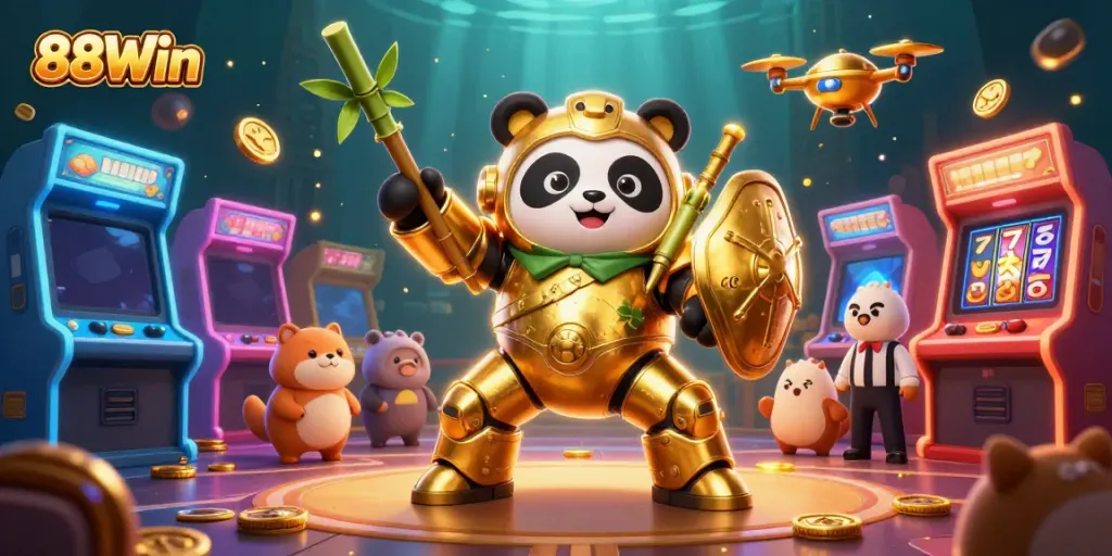 Engage in thrilling gameplay at 88Win, where the action-filled arena features vibrant game machines and lively spectators.