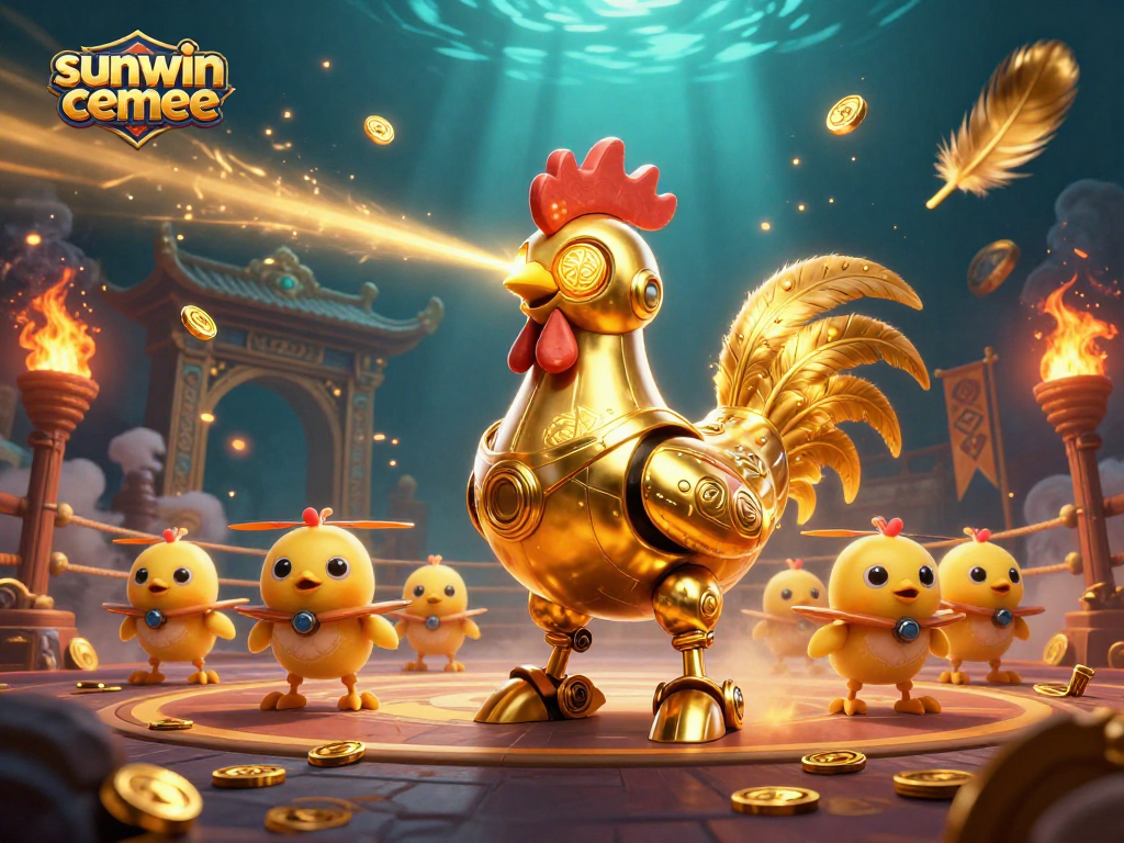 Engage with sunwin cemee's vibrant casino scene featuring a futuristic golden rooster robot and energetic drones