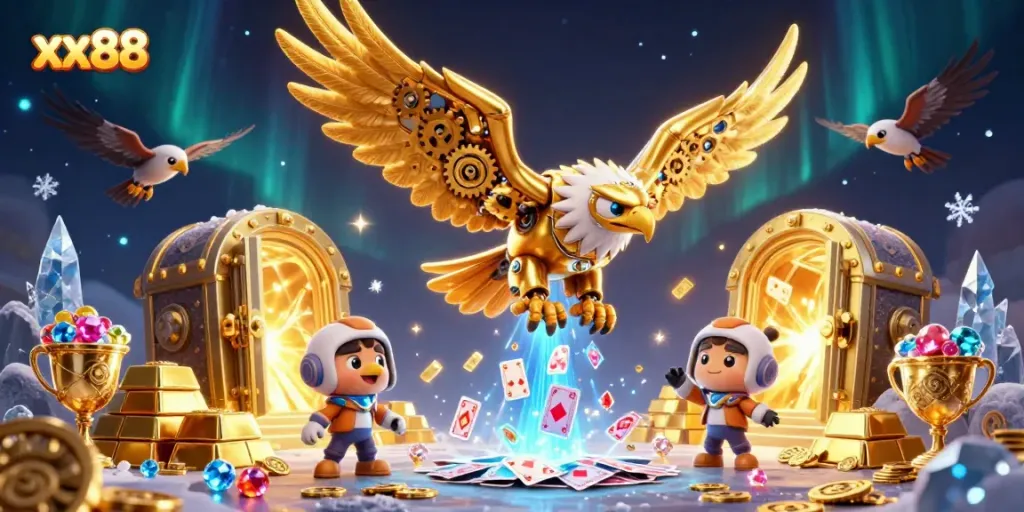 Experience thrilling gameplay with xx88 in this vibrant casino scene featuring a golden eagle and dynamic elements.