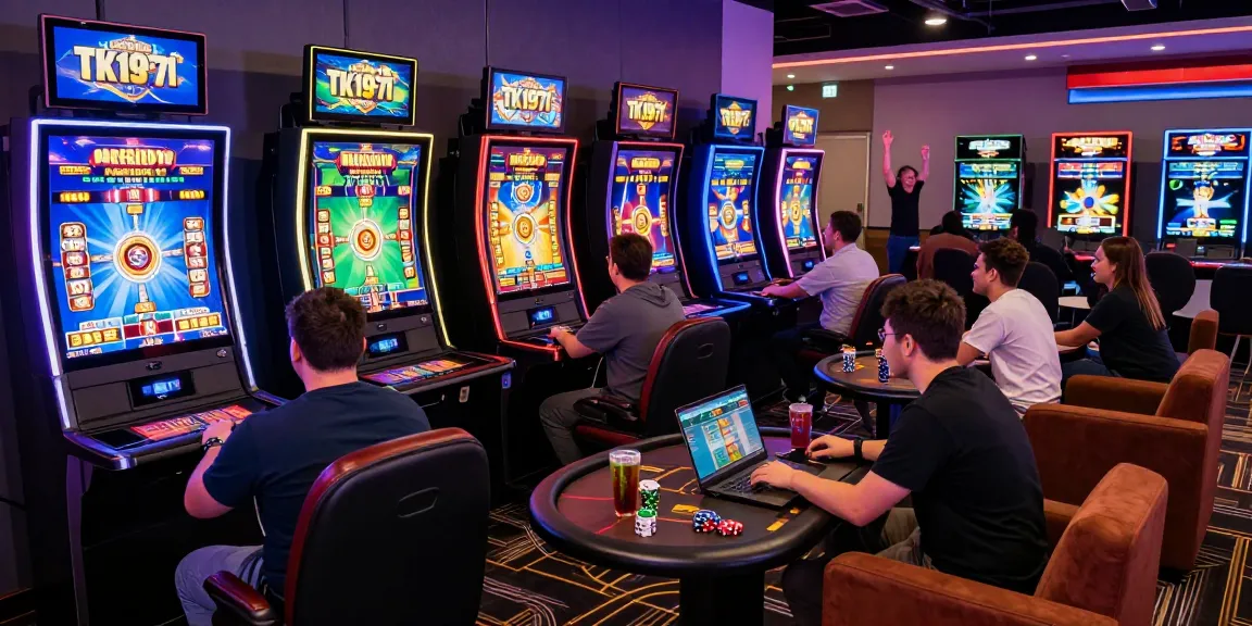 Players enjoying casino games at TK1971, highlighting immersive slots and live betting interfaces in a vibrant environment.
