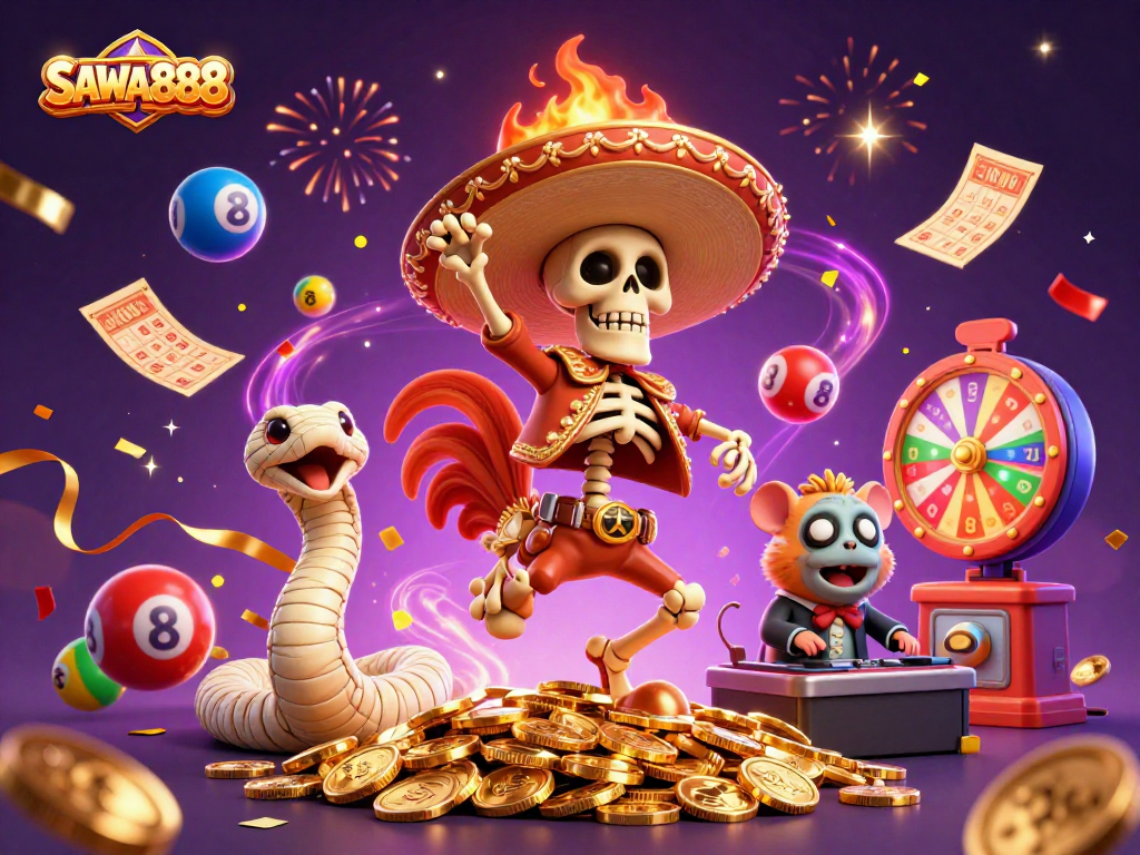 Experience the excitement with SAWA888 as colorful lottery balls and golden tickets fill the gaming scene.