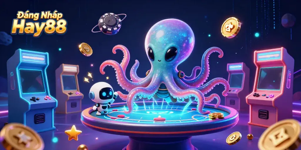 Engaging scene of Đăng Nhập Hay88 featuring a vibrant alien octopus operating a holographic poker table, surrounded by dynamic casino elements.