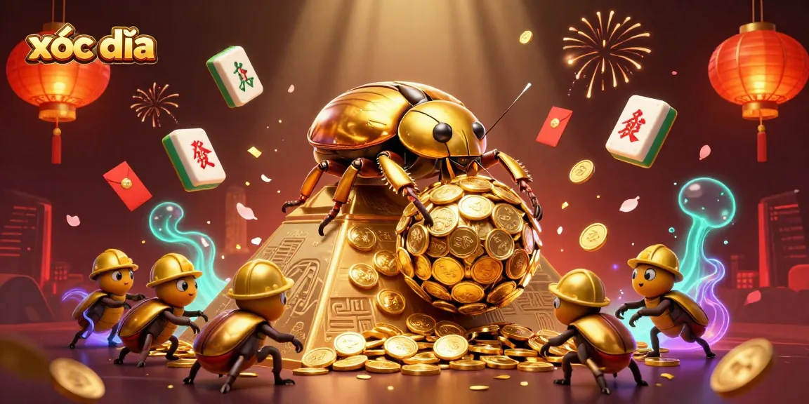 xóc đĩa showcases a golden beetle rolling coins up a pyramid in a vibrant casino scene.
