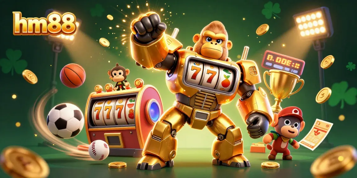 Experience thrilling casino action with hm88's golden gorilla mech amidst flying slot reels and sports elements.