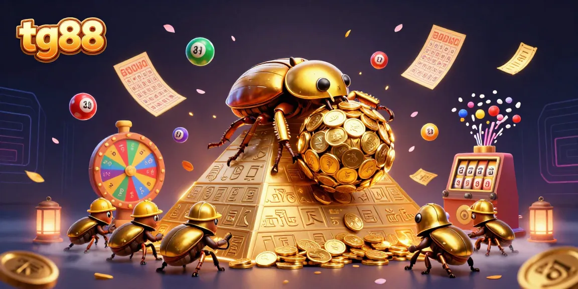 Spin to win with tg88 in a vibrant casino adventure featuring lucky beetles and colorful elements.