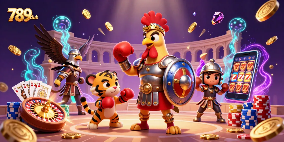 Experience the thrill of 789club as the gladiator rooster and companions celebrate wins with coins and games.