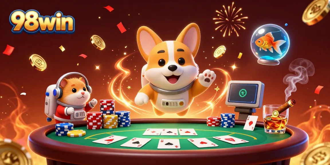 Engage in exciting gaming at 98win with vivid space-themed casino elements and characters.