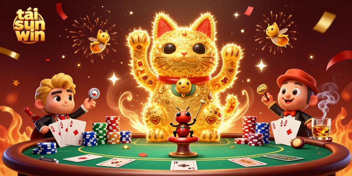 Experience the excitement of tải sun win with a vibrant lucky cat and casino symbols in a dynamic scene.