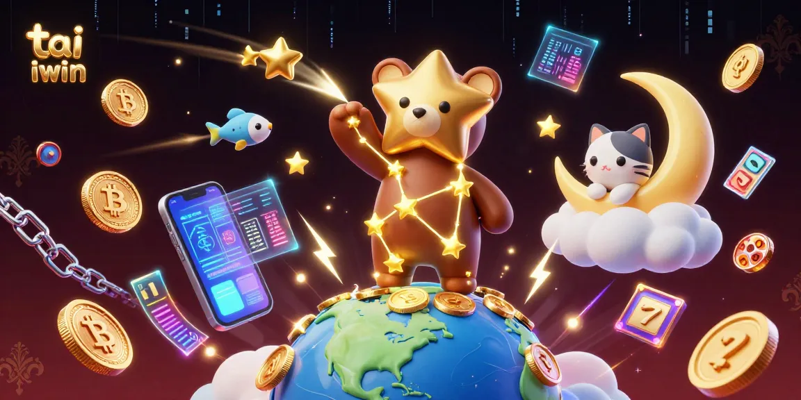 Experience tai iwin's thrilling gaming journey with a constellation bear scooping golden coins amidst vibrant casino elements.