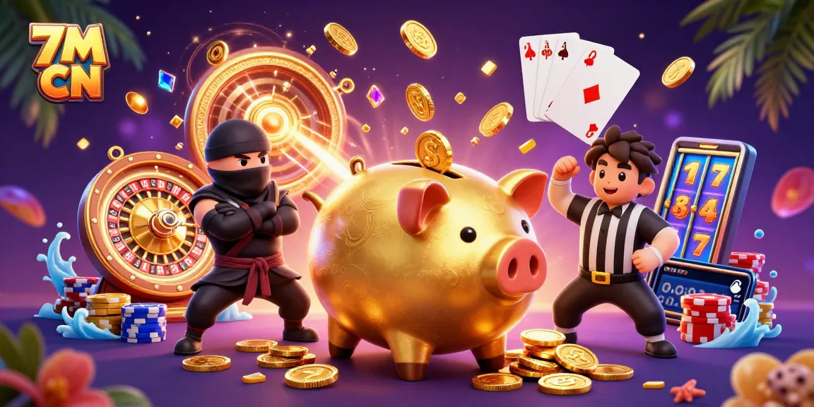 Engage with 7M CN as a golden piggy bank sumo wrestler and ninja face off amidst cascading coins and casino elements.