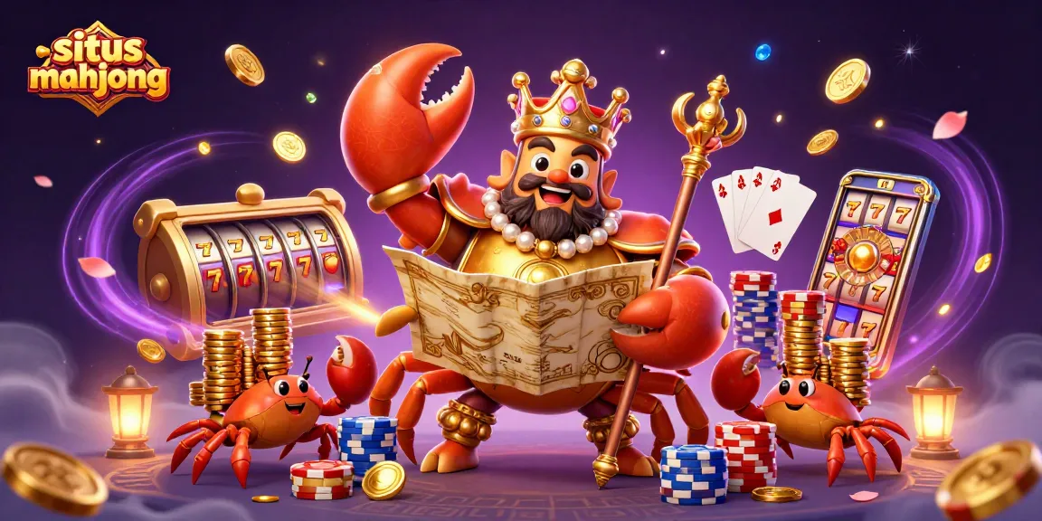 Experience situs mahjong excitement with golden crab emperor and slot reels in this vibrant casino illustration.