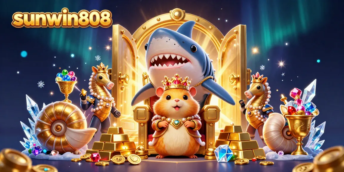 Experience the exciting world of sunwin808 with a vibrant casino scene featuring golden treasures and a fierce hamster king!