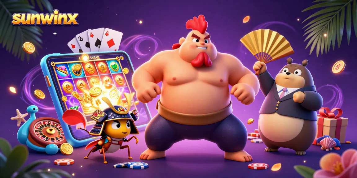 Experience the vibrant energy of sunwinx with an epic 3D illustration featuring a powerful sumo rooster and engaging gaming elements.