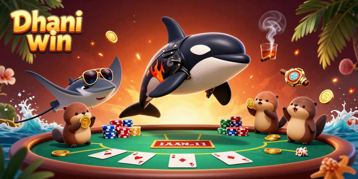 Dive into Dhani win with this vibrant illustration featuring an orca whale and a stingray among exciting poker elements.
