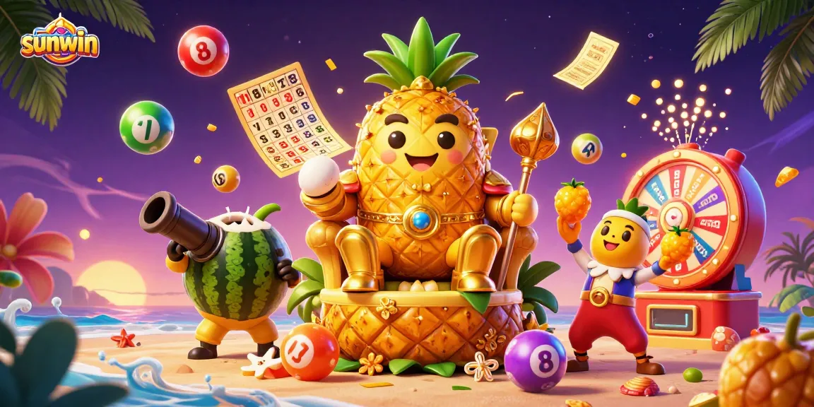 Win exciting prizes at sunwin, featuring a vibrant cartoon scene with golden lottery balls, tickets, and beach-themed characters.