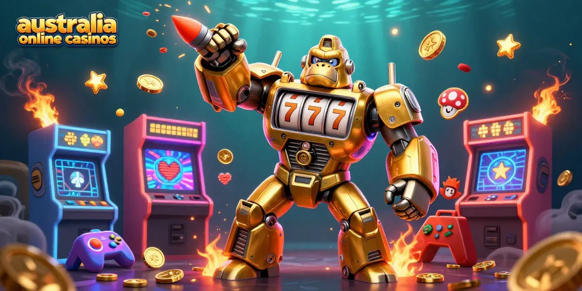 Experience thrilling action with the golden gorilla mech in stunning australia online casinos design.