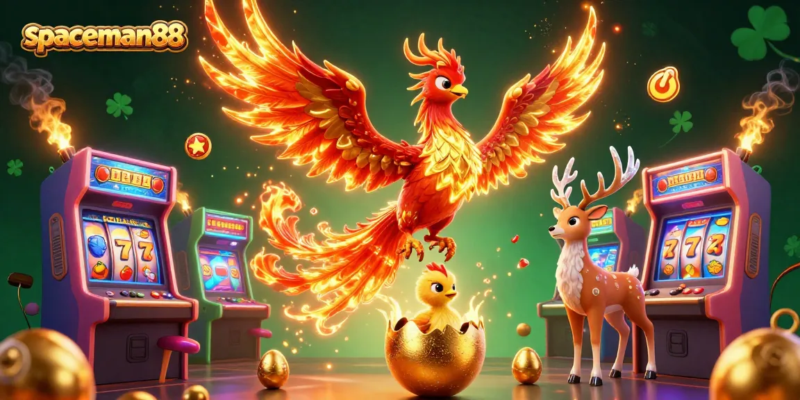 Engage with spaceman88 through dynamic 3D casino fun featuring phoenixes, slot reels, and vibrant game elements.