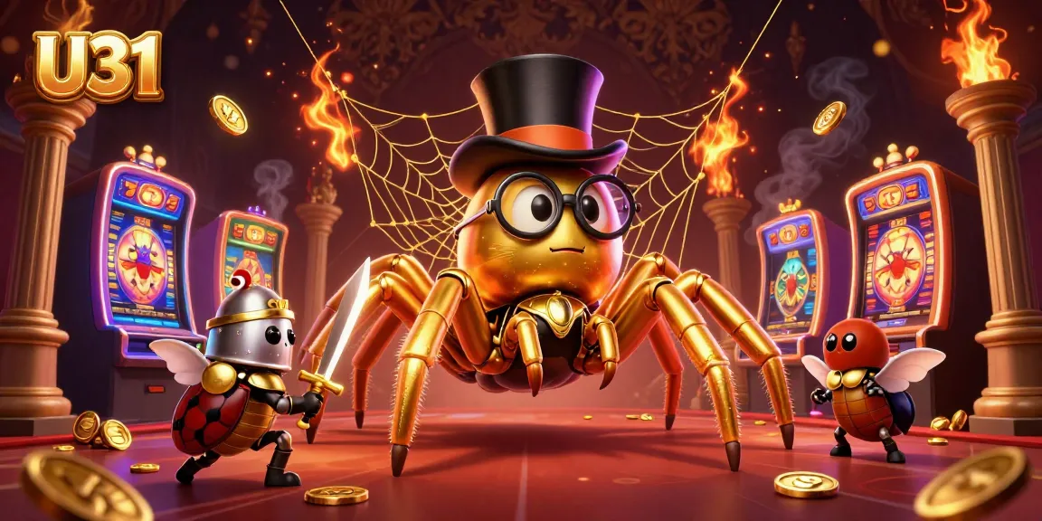 Engage with U31's premium casino experience featuring a golden tarantula and brave knight in a festive scene.