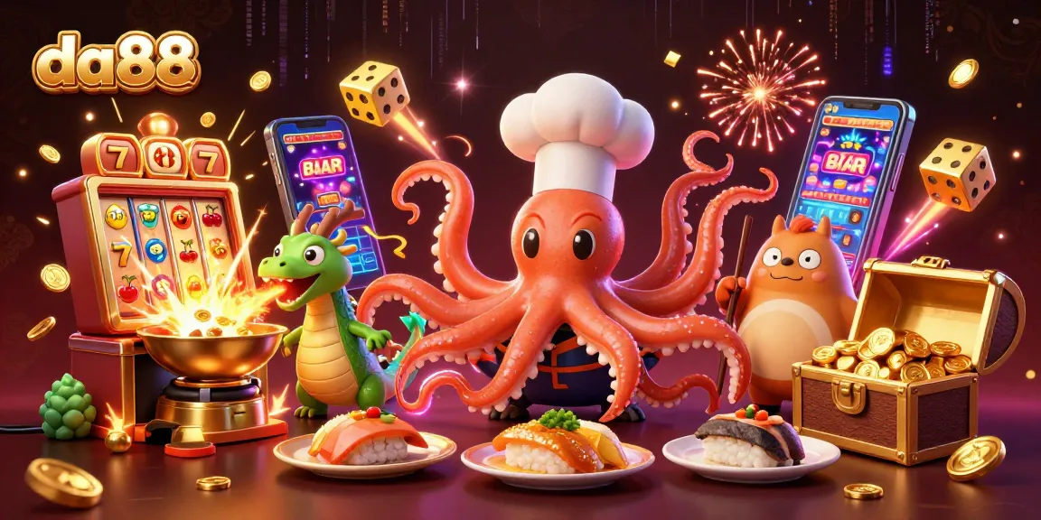 Experience da88's vibrant 3D casino world with octopus chef and dragon in action.