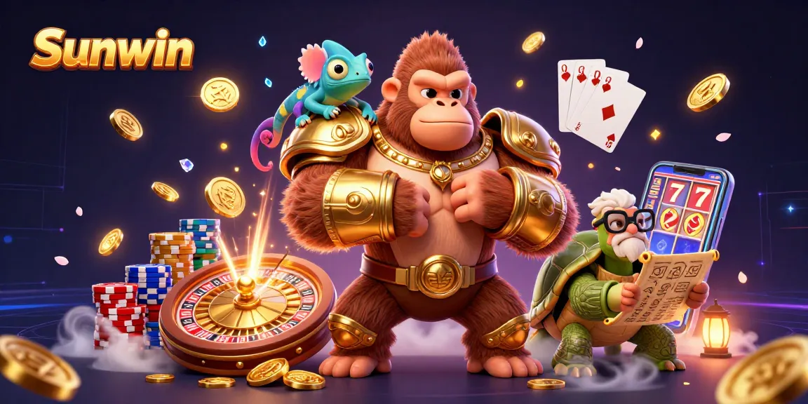 Experience the excitement of Sunwin with a powerful gorilla king and colorful gaming elements.