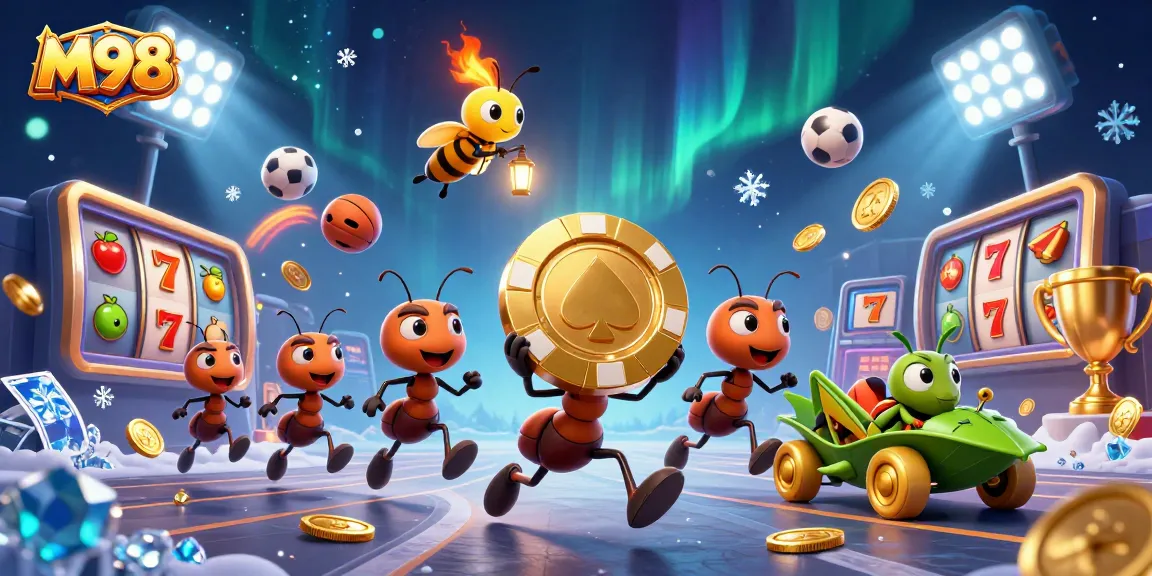 M98 casino adventure with cartoon ants and golden chips amidst slot elements and vibrant particles.