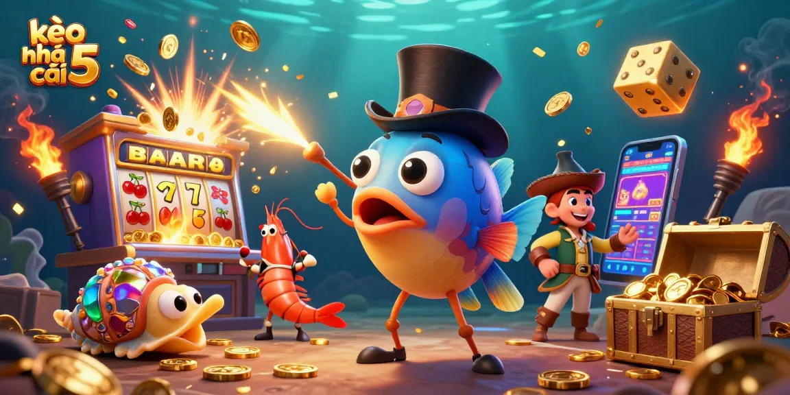 Kèo nhà cái 5 illuminates a vibrant underwater casino scene with a glowing anglerfish and a pirate shrimp.