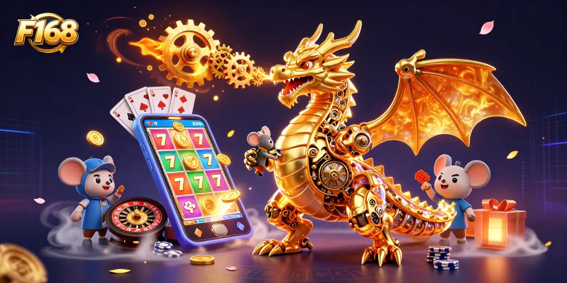 Experience thrilling gaming action at F168 with a vibrant 3D imagery featuring games and rewards.