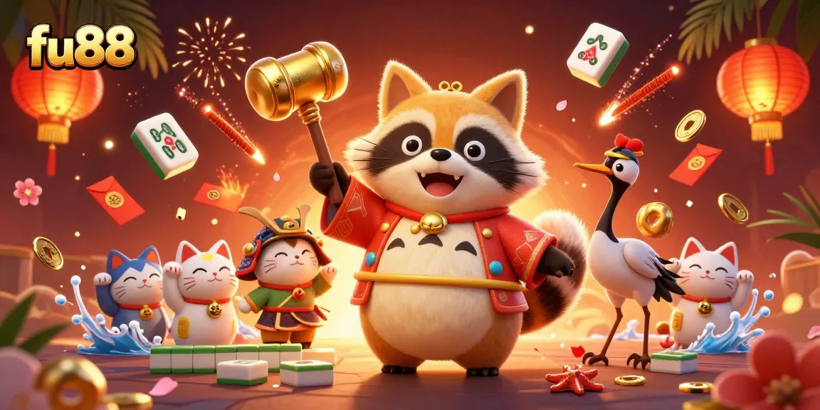 fu88 casino illustration with cheerful tanuki, crane, and fortune cats celebrating with games, lanterns, and gold coins