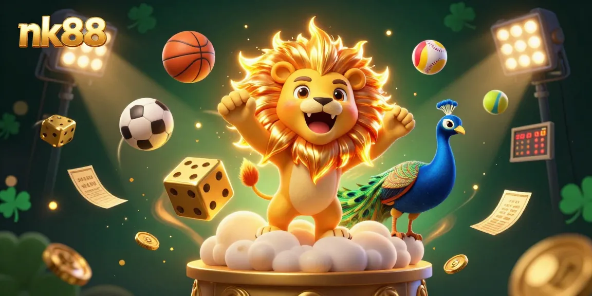Bet on your luck with nk88 at this vibrant sports-themed casino illustration featuring dynamic gaming elements.