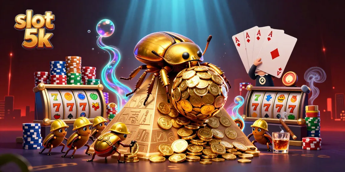 Experience the thrill of slot 5k with golden beetles rolling coins in a vibrant casino scene.