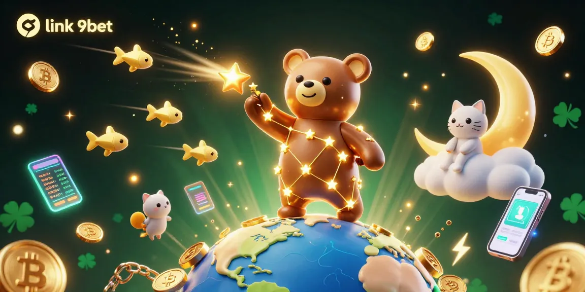 Engage with the link 9bet experience through vibrant 3D digital illustration of a cosmic bear gathering coins.