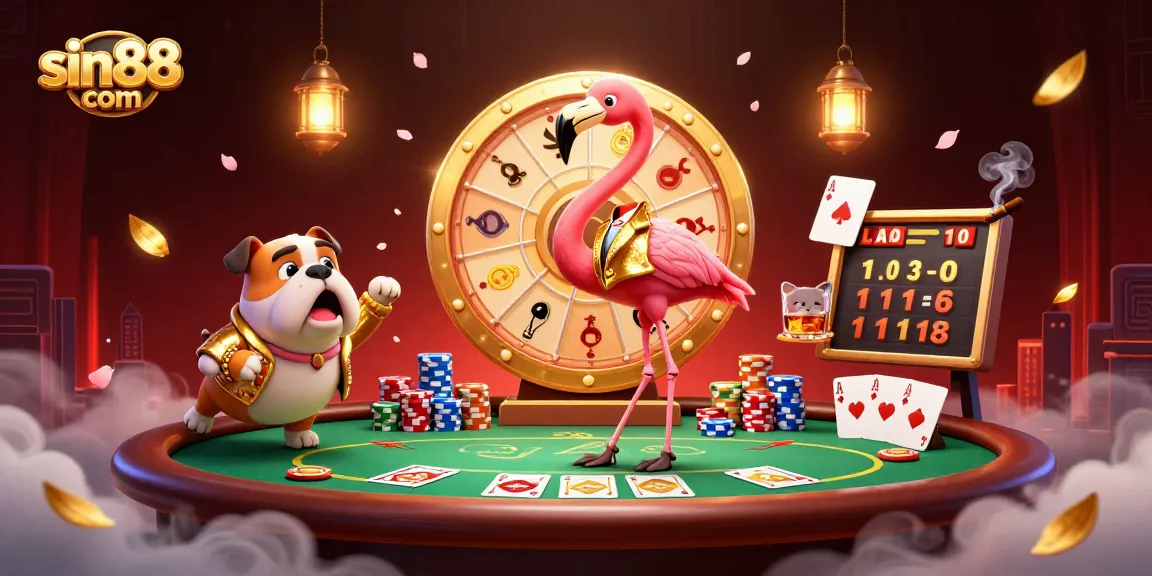 Spin the prize wheel with sin88 com as the flamingo host, bulldog contestant, and cat assistant reveal poker prizes.